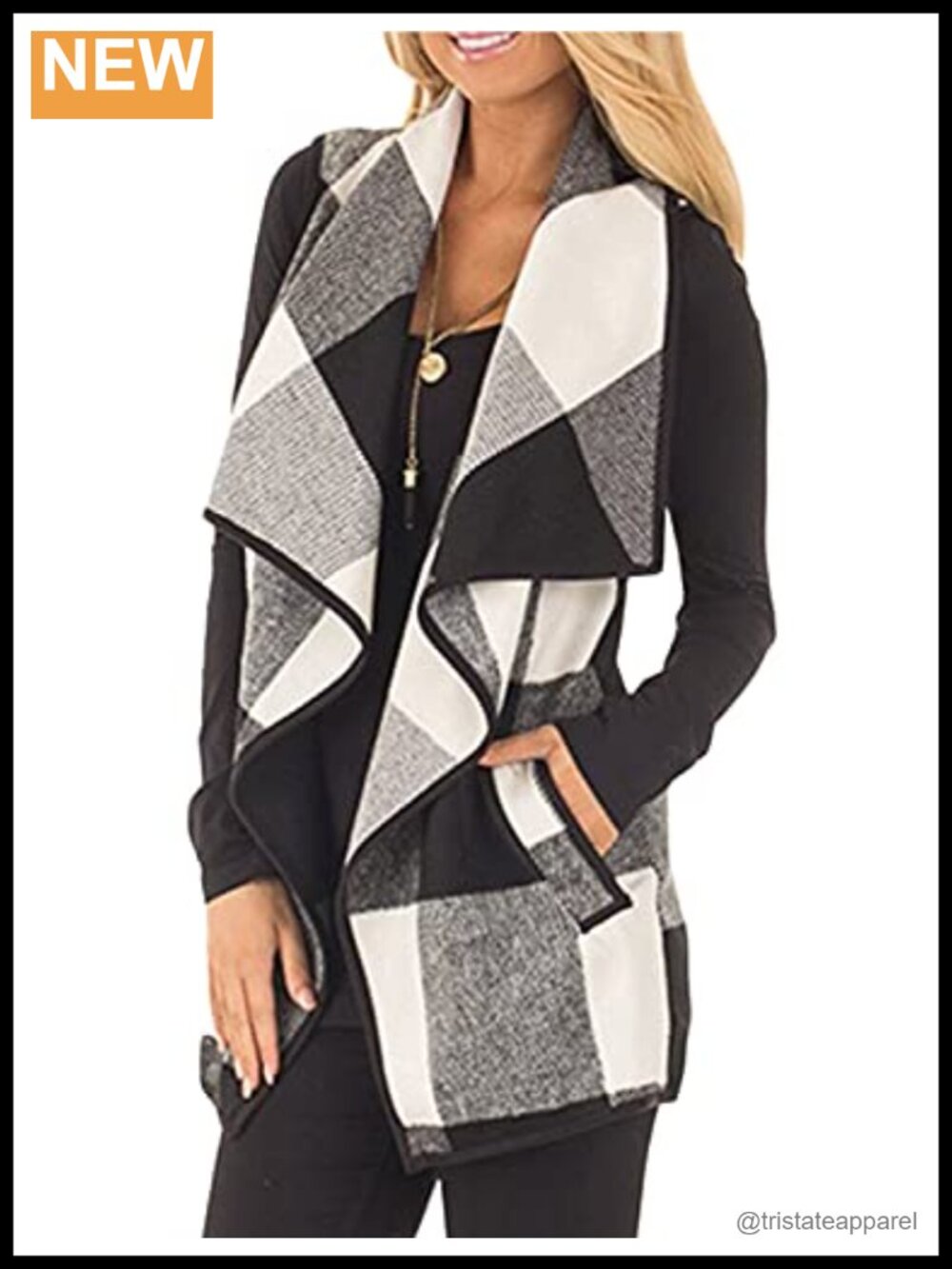 Plaid Vest Lapel Open Front Sleeveless Cardigan Asymmetric Hem Pockets
